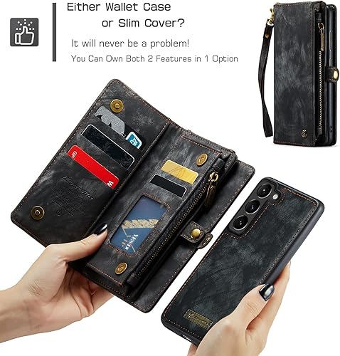 Miniatura 3 de CaseMe - Funda tipo cartera para Samsung Galaxy S23 Plus/S23+, cuero retro hecho a mano 2 en 1, desmontable con cremallera y ranuras para tarjetas y