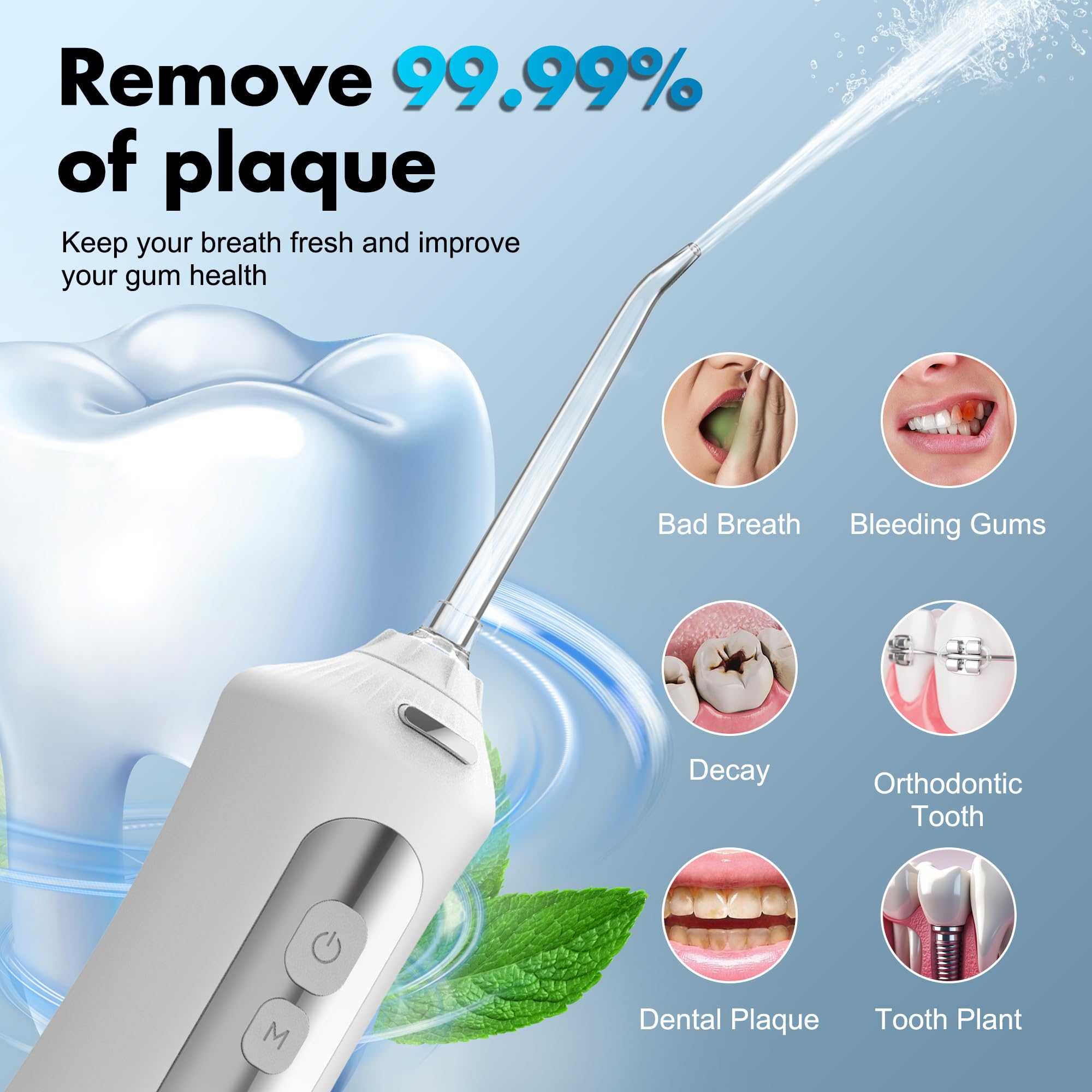 Barberboss Idropulsore portatile per denti, irrigatore orale ricaricabile, kit filo interdentale con 5 impostazioni di pressione, 5 ugelli intercambiabili, serbatoio dell'acqua da 300 ml e design