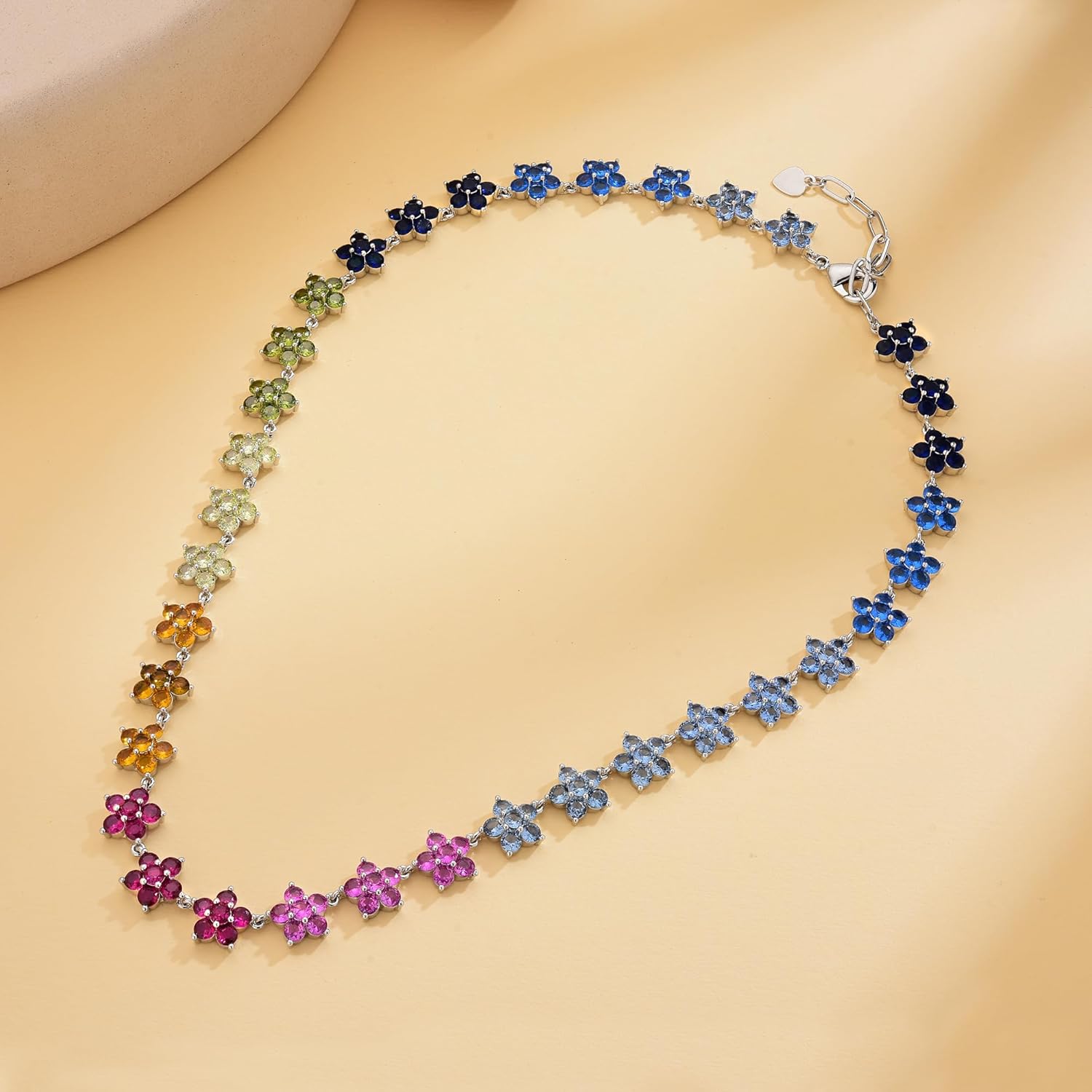 Rainbow Daisy Tennis Necklace for Women, 18" Ombre CZ Flower Choker, Multicolor Cubic Zirconia Floral Chain in Brass, Dainty Color-Gradient Necklace - Image 3