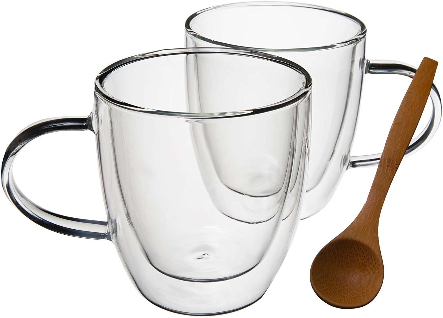 Artisan Glassworks Set of 2 Borosilicate Glass Coffee Cups w/ Handle & Free Wooden Cafe Spoon, 2-Pack Double Wall Insulated Hot or Cold Tea / Espresso / Beverage Mug, Two Piece 8.45 oz / 250 ml