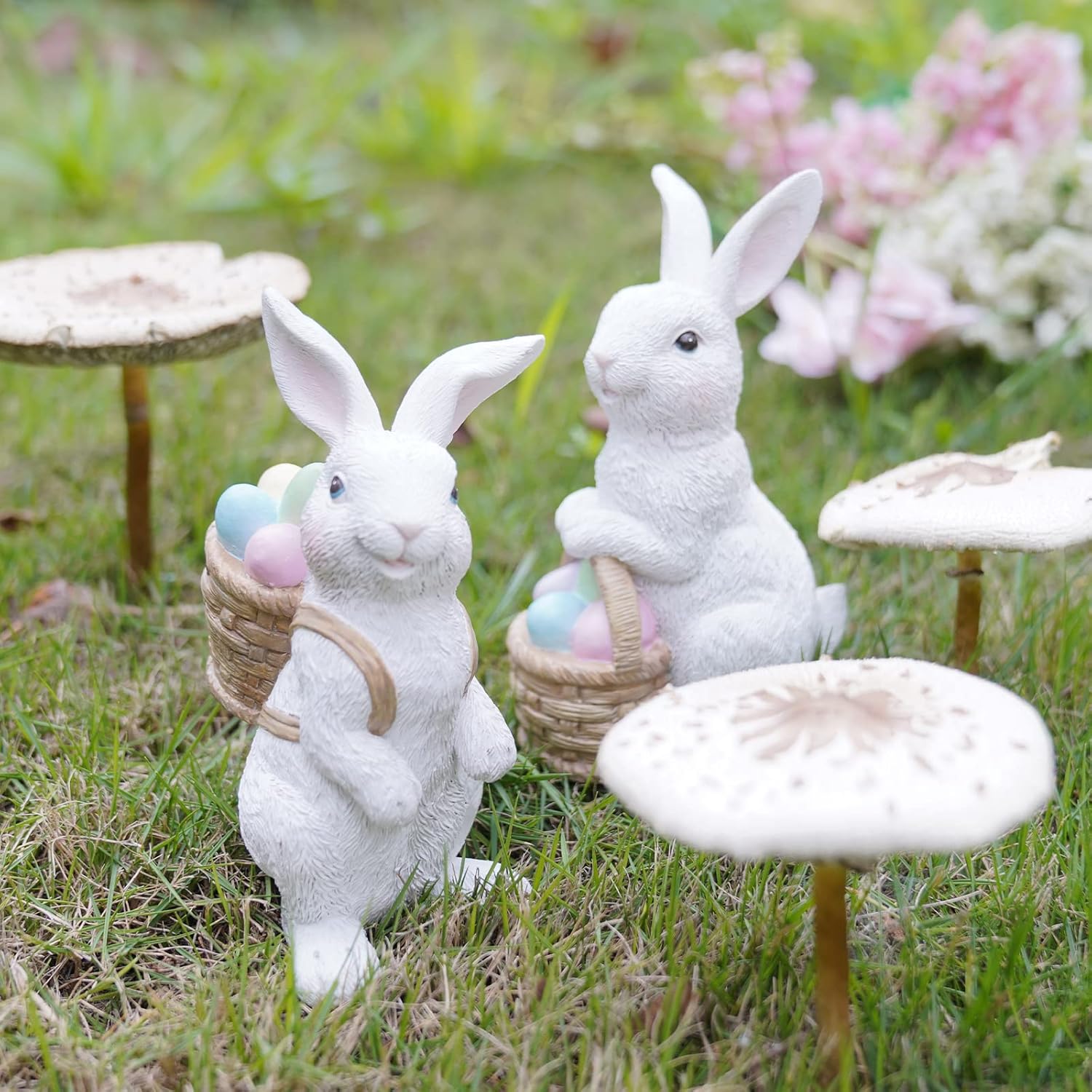 Easter-Basket Bunny-Decor-Figurines Home-Decorations - 2PC Easter Decorations Table Ornaments Resin Spring Bunny Carry Egg Basket Tabletop Decorations for Home Farmhouse 5.25H inch Newman House Studio - Image 5