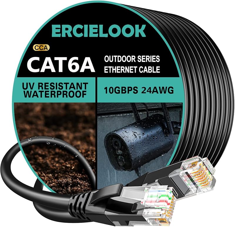 Ercielook Cat6 Ethernet Cable 100 ft, Outdoor Direct Burial, 10Gbps 24AWG | LLDPE UV-Resistant Jacket Weather-Resistant Outdoor Ethernet Cable CCA UTP RJ45 Internet Cable for POE Camera,Router,Backyard