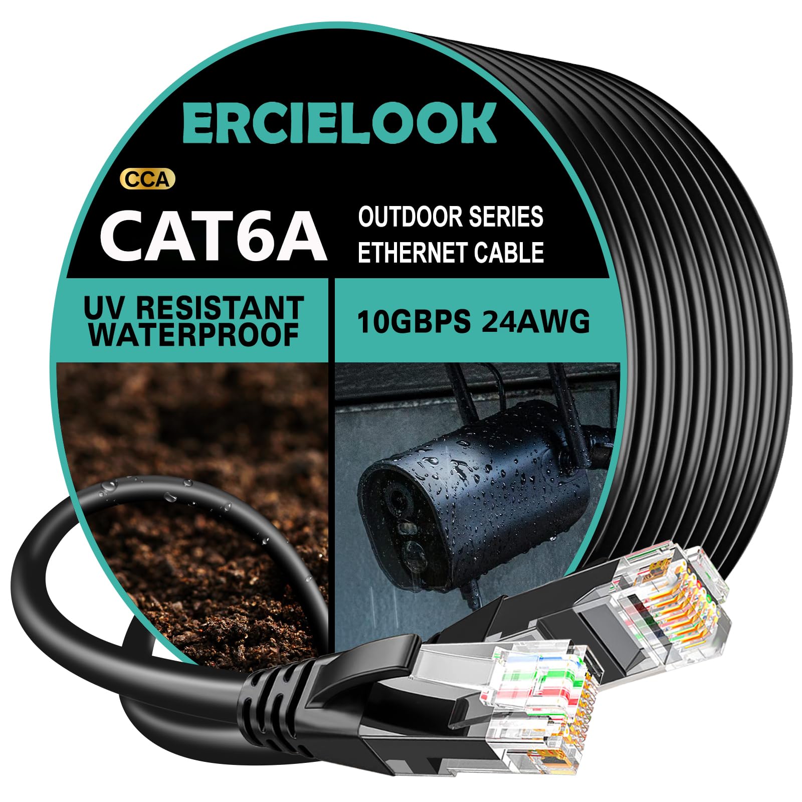 Ercielook Câble Ethernet d'extérieur Cat 6a de 91,4 m, câble réseau UTP CCA UTP à enfouissement direct LLDPE UV 10 Gbit/s, haute vitesse 24 AWG, pour caméras Poe, cours, routeurs, modems, noir