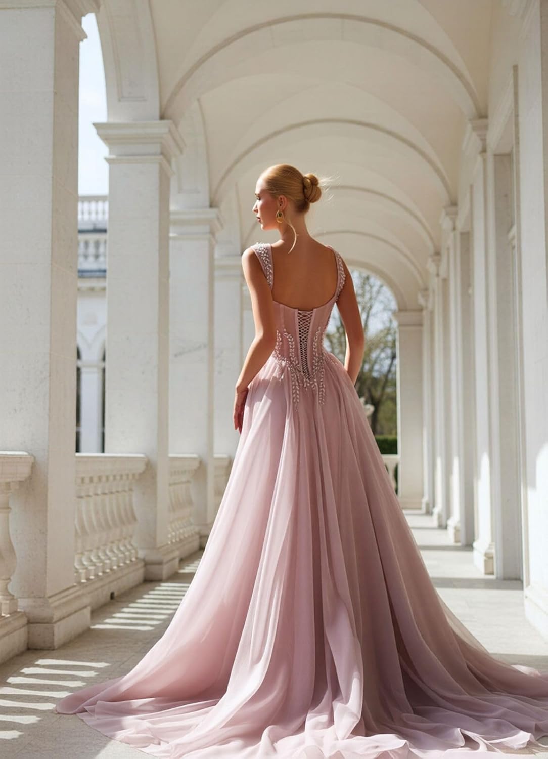 Sweetheart Corset Prom Dress for Women A-Line Sparkly Beading Ball Gown Elegant Chiffon Long Formal Evening Dress