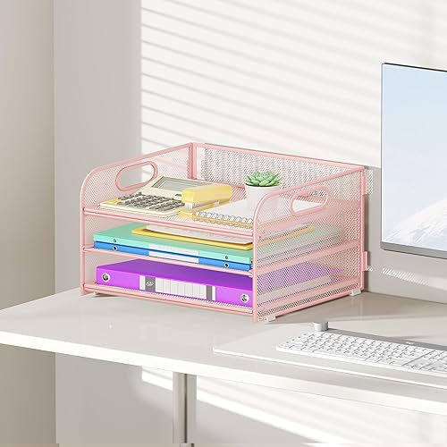 Miniatura 5 de Organizador de papel de 3 niveles con asa, organizador de escritorio de metal, bandeja de cartas de papel de malla, carpeta de archivos de