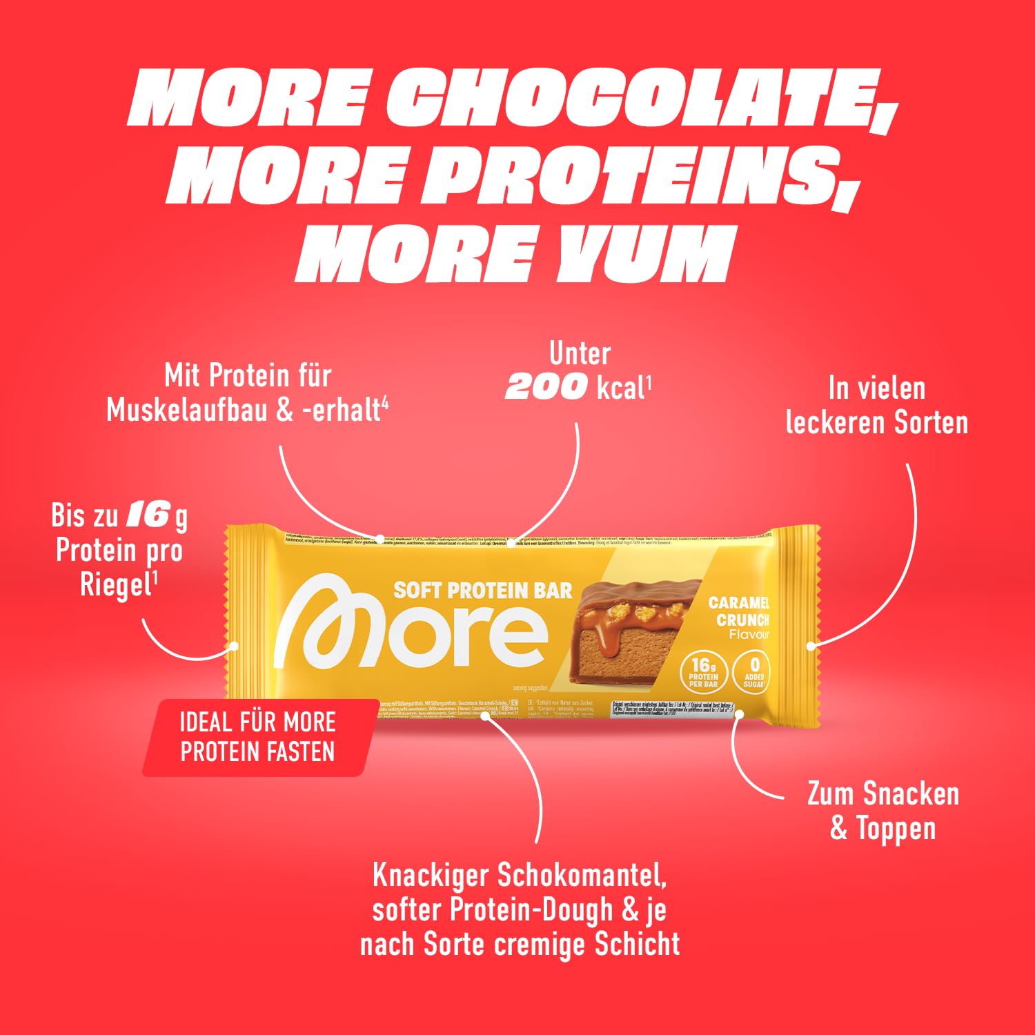MORE Protein Bar, 10er Box, White Chocolate Peanut Caramel, Protein Riegel ohne Zuckerzusatz (Design kann variieren)