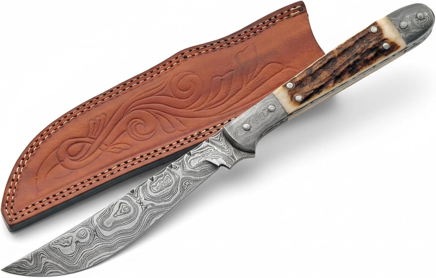 SANZ Damascus Frontier Hunting Knife 9 Inch - Skinning Knife with Stag Handle, Full Tang Blade & Sheath - Pocket Knife for Hunting, Camping & Outdoor uses