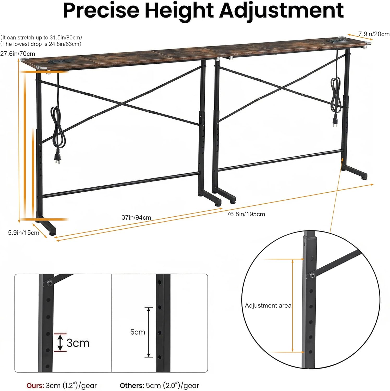 78" Narrow Sofa Console Table with Outlets & x-Brace,Adjustable Height Slim Behind Couch Table for Entryway,Hallway,Living Room,Bedroom (Gen 01)