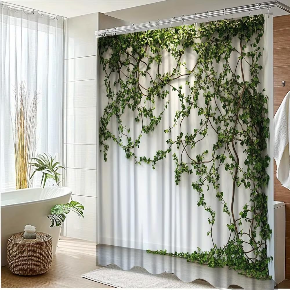 1 tenda da doccia con motivo a vite verde, in tessuto di poliestere per la decorazione del bagno con ganci (244x200 cm (96x79 pollici))