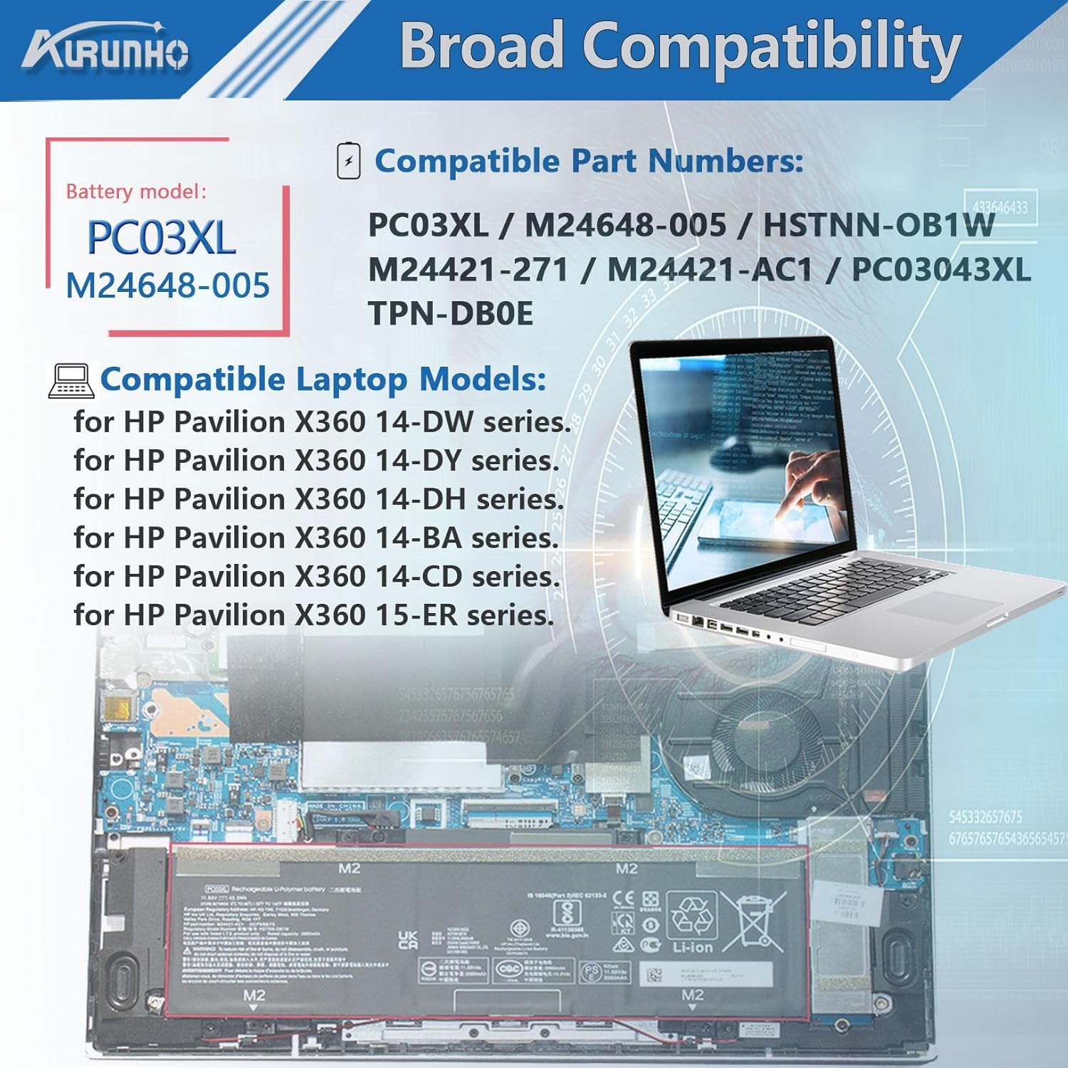 TAVZENL WA03XL 48Wh Battery Replacement For HP Pavilion X360 15-BR