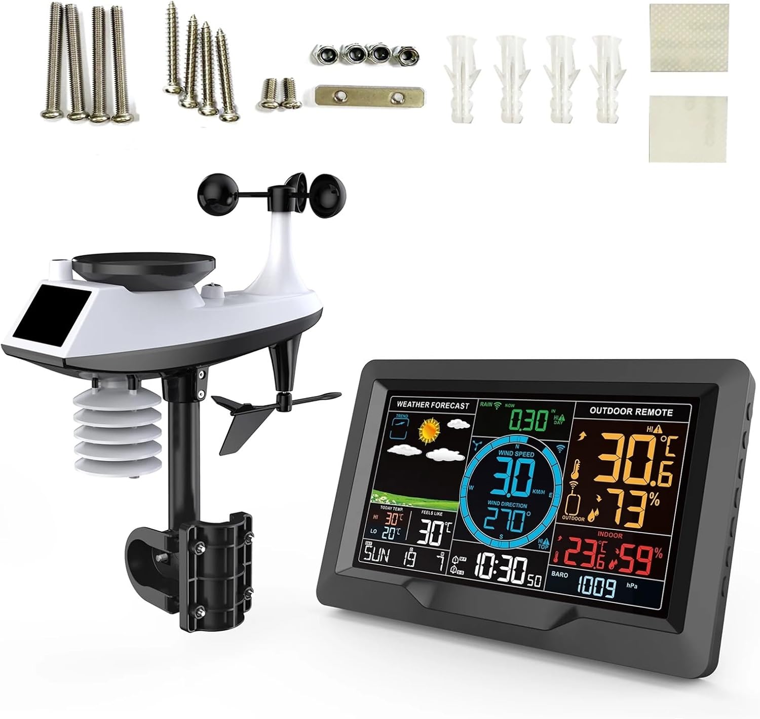 EliteBloom FJ3390A Weather Station package contents including main unit, sensor, and accessories