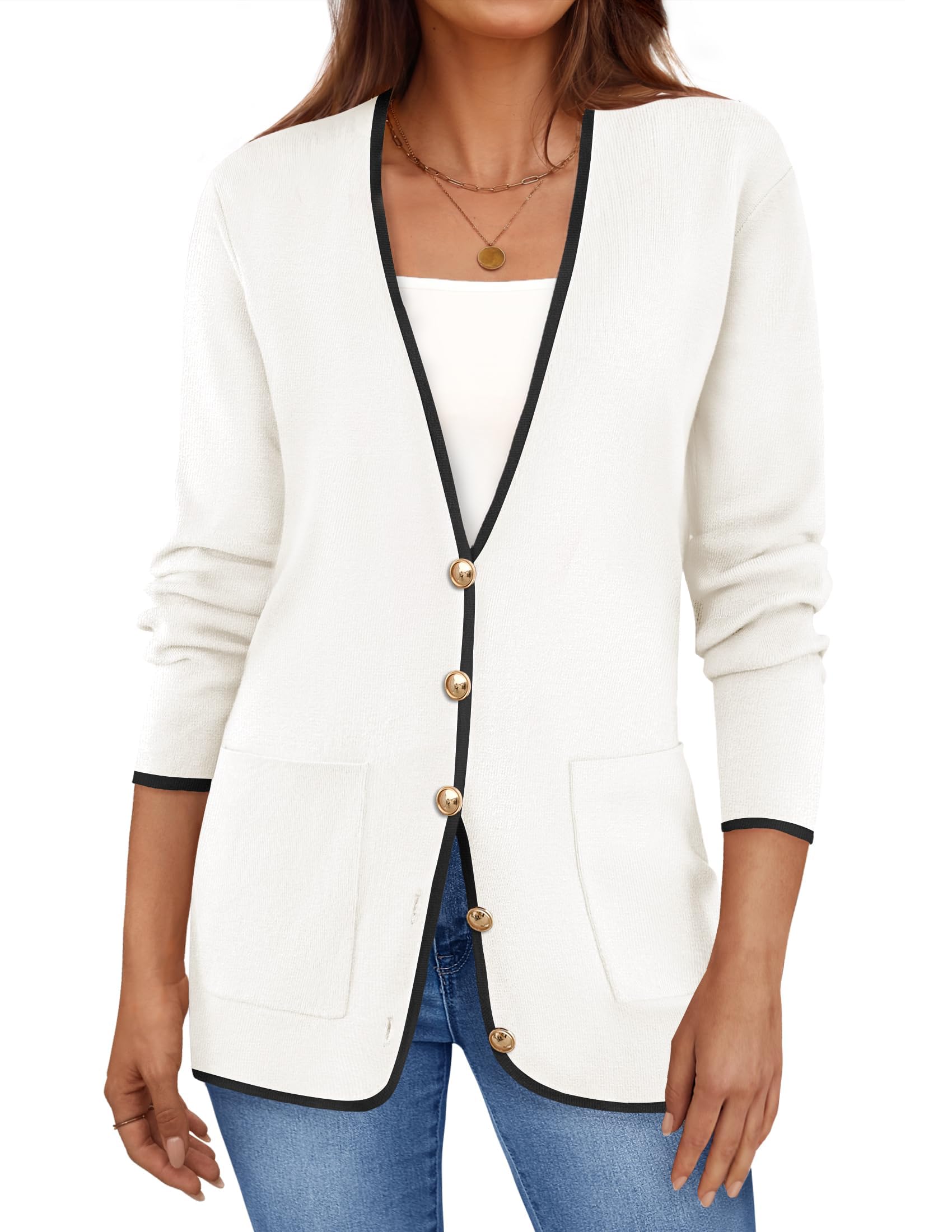 ZESICAWomen's Fall Fashion Cardigan Sweaters Long Sleeve Button Open Front  Color Block Coatigan with Pockets