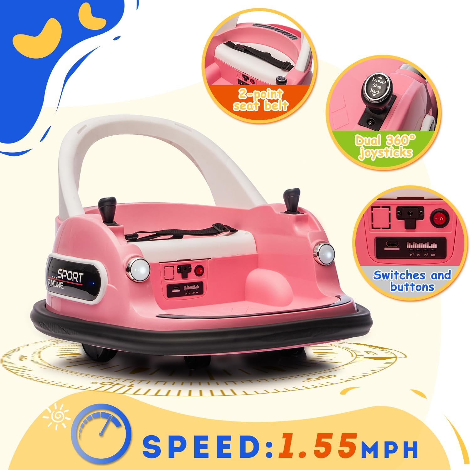 Bumper Car for Kids, 12V Kids Ride On Toy with Parent Remote Control, Baby Electric Bumping Car w/ 360 Degree Spin, LED Lights, Pink
