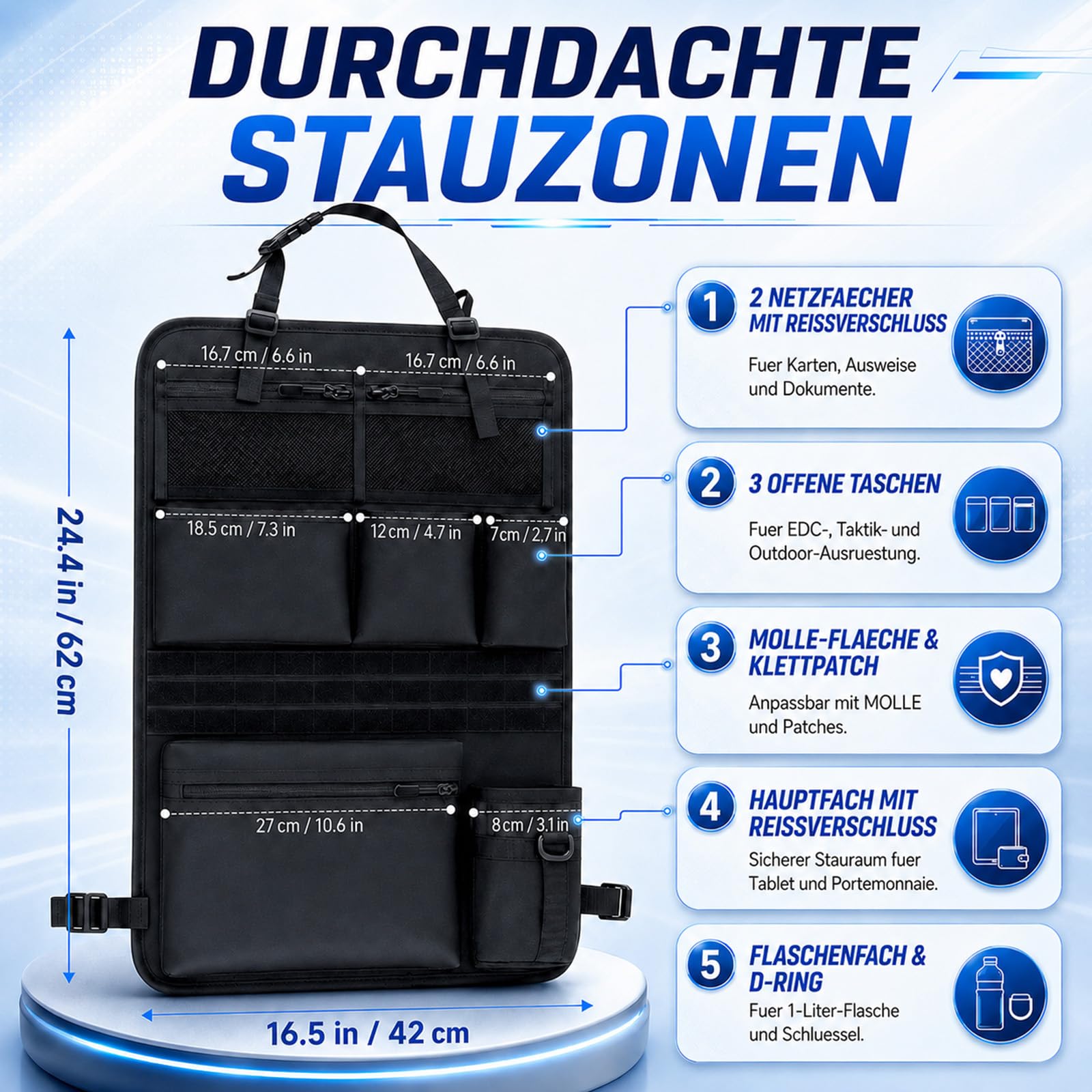 Rücksitz Organizer, Taktischer Autositz Organizer 7 Taschen Autositz Tasche mit 2 Netztaschen, 3 Taschen, 1 Reißverschlusstasche, 1 Becherhalter & MOLLE-System Sitztaschen für Autositz, 42x61cm