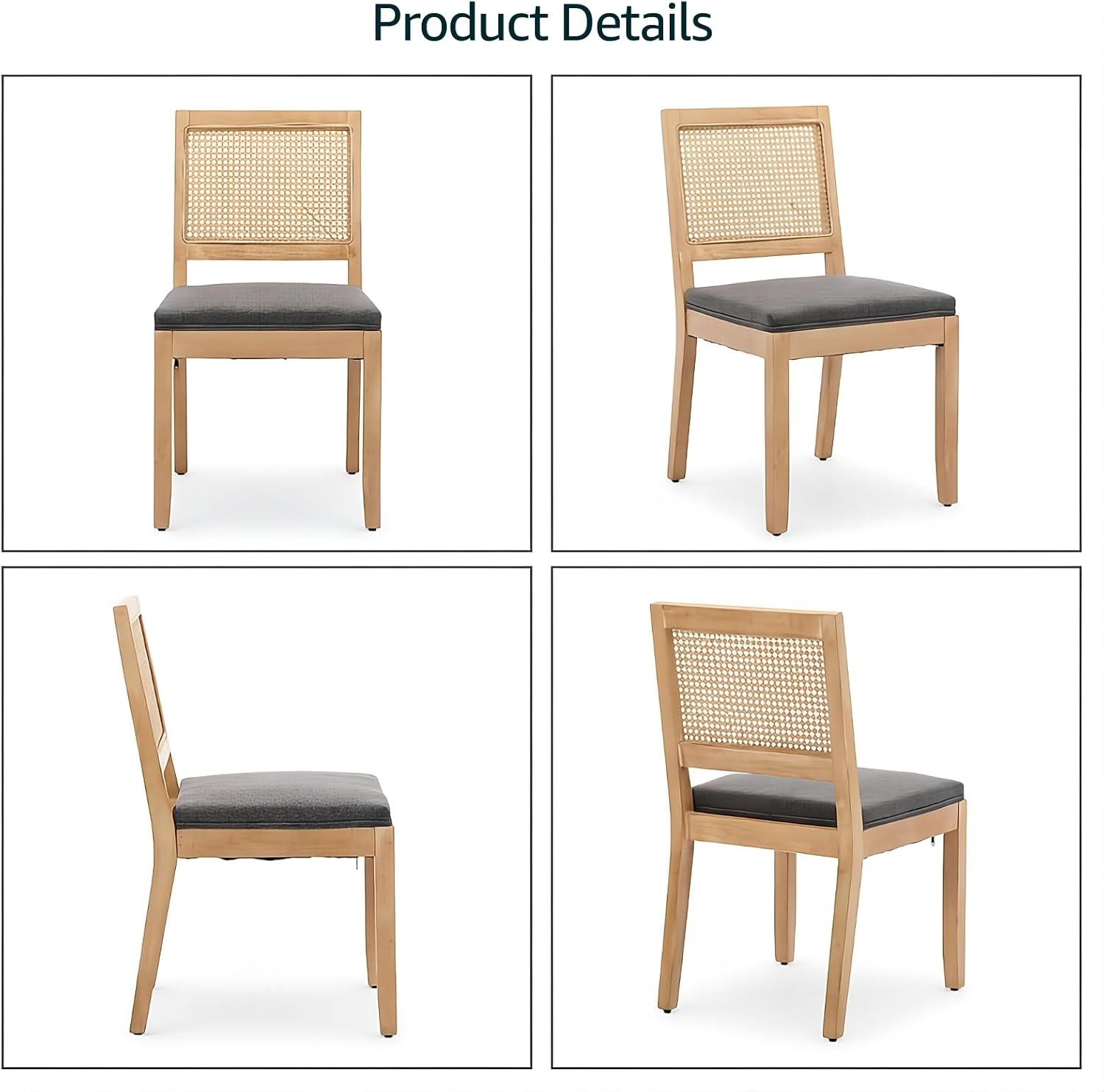 French Country Dining Chairs Set of 2, Grey Modern Kitchen & Dining Room Chairs, Rattan Dining Chair with Linen Upholstered Cushion, Low Cane Back, Wood Legs, Sillas de Comedor (Gray, 2 Pcs)