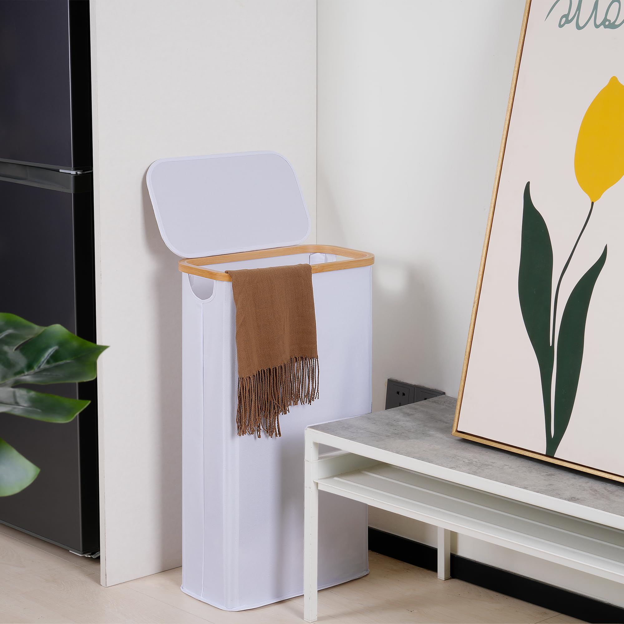 efluky Cesto Ropa Sucia con Tapa 63L, Cesta Ropa Sucia Estrecho de Bambú, Cesta de Almacenamiento, Cubo Ropa Sucia Pequeño Plegable para Baño, Dormitorio, Lavadero, Blanco