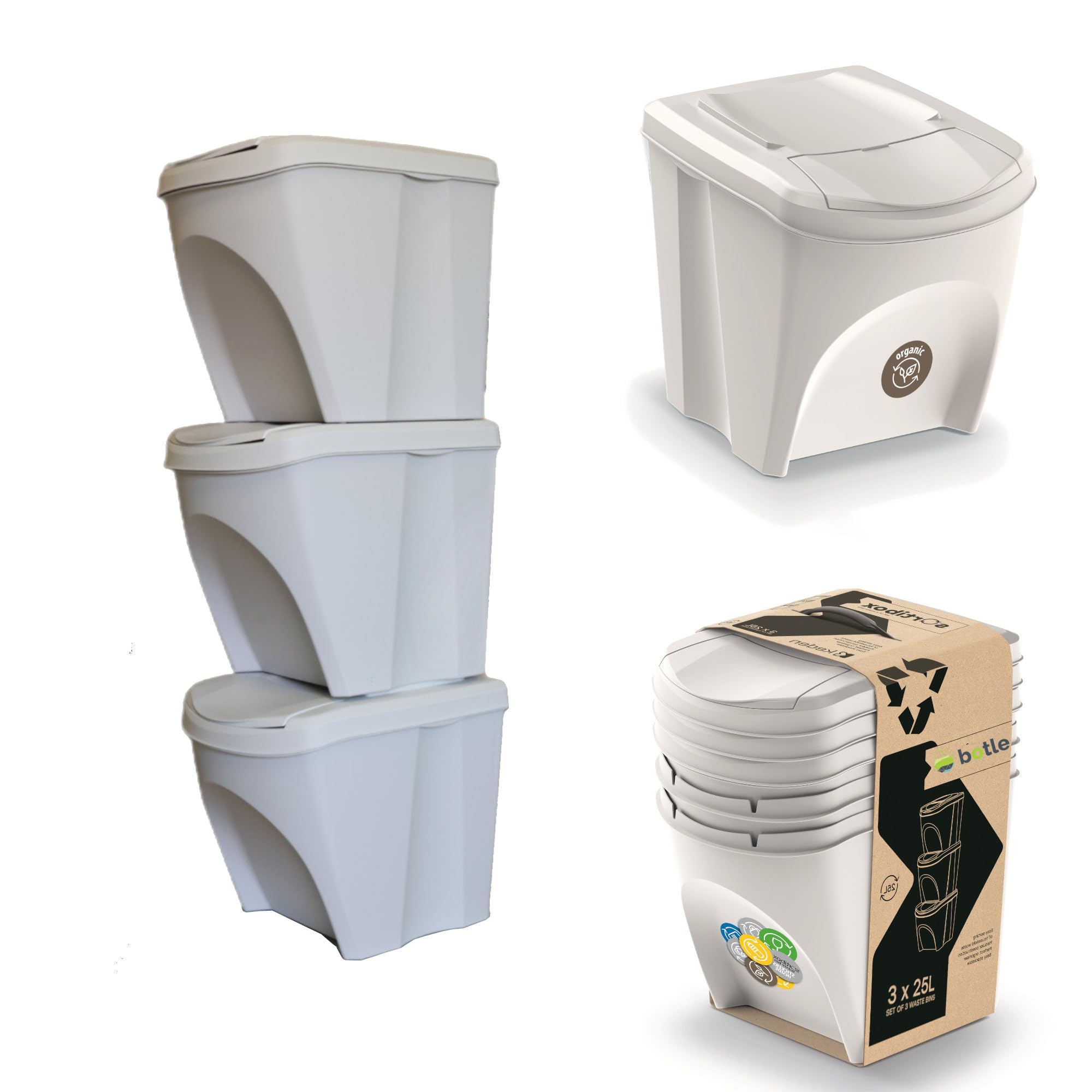 Botle Set 3 Pattumiere Per Raccolta Differenziata 25L: Impilabili, Modulari, Con Coperchi Ermetici, Plastica Resistente, Colore Bianco Cenere - 3