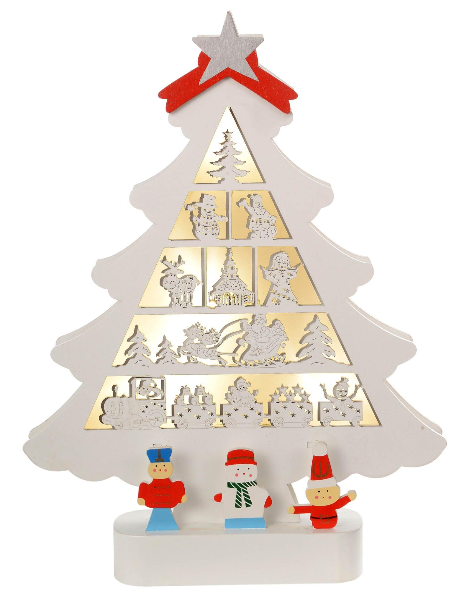 WeRChristmas Pre-Lit Wooden Christmas Tree Decoration with 5 Warm White LED Lights - 28 cm, Multi-Colour
