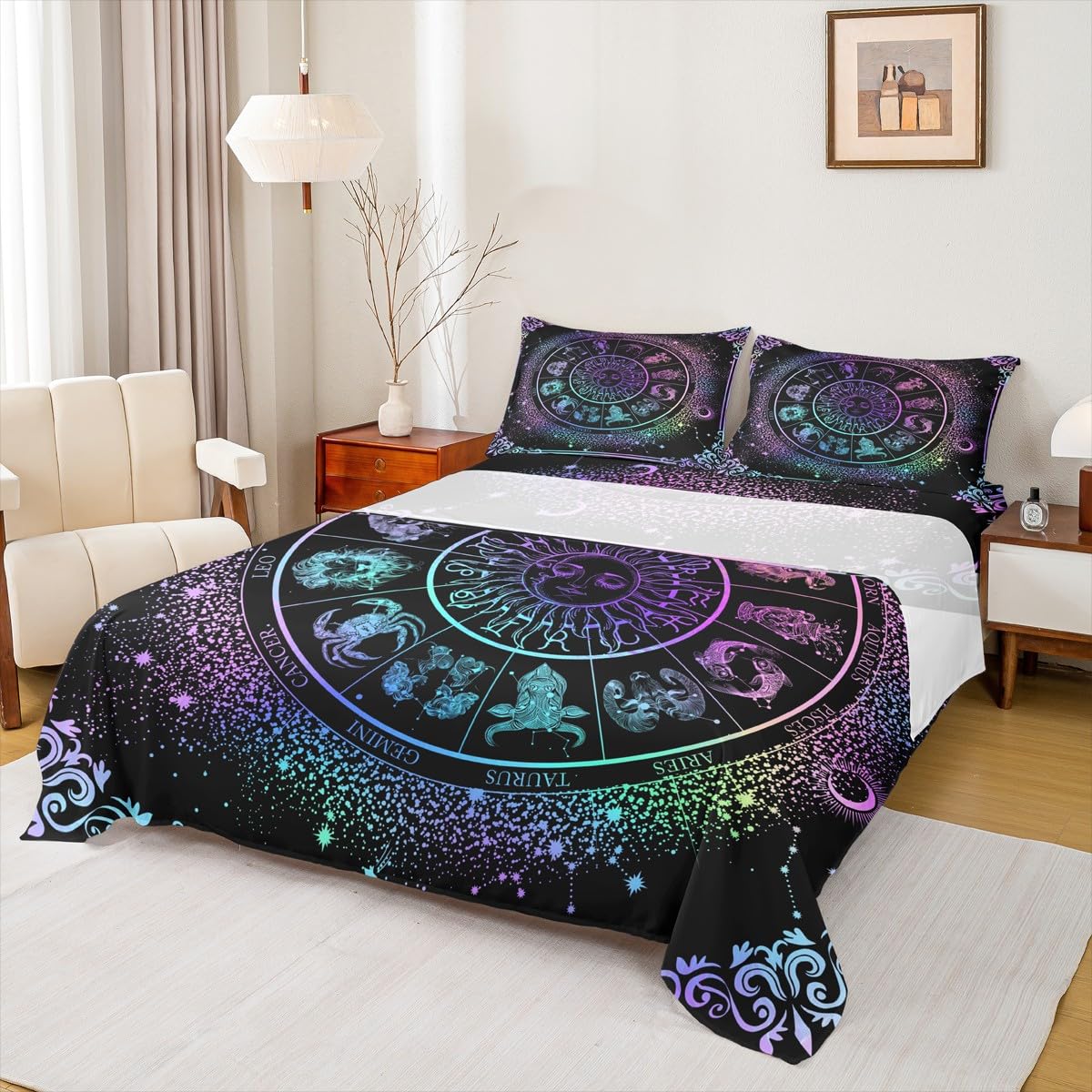 Sun Moon Bed Sheets Zodiac Astrology Bedding Set Queen Constellations Galaxy Sheet Set Spiritual Gifts for Girls Teens Women,Trippy Leo Aquarius
