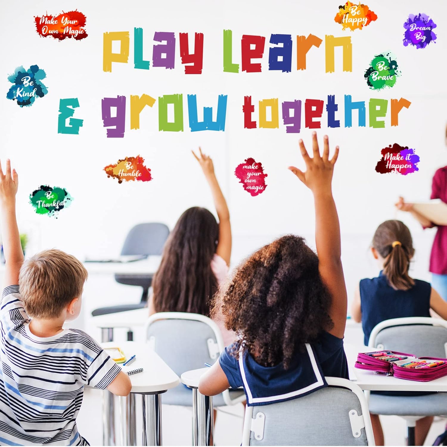 Leinuosen Kids Wall Decals Classroom Colorful Inspirational Decals Daycare Playroom Wall Decor Motivational Positive Saying Sticker(Play, Learn)