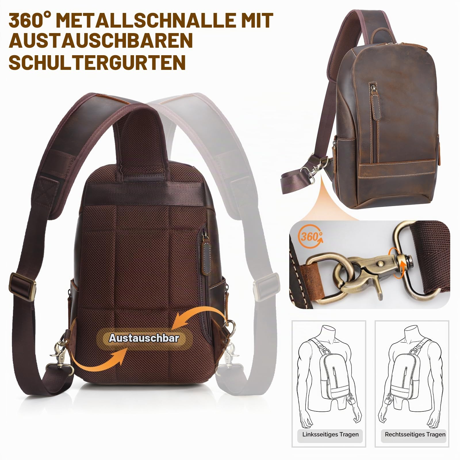 TIDING Brusttasche Herren Klein Leder Crossbody Schultertasche Sling Bag Umhängetasche Anti-Diebstahl Taschen für Outdoor, Camping, Reisen
