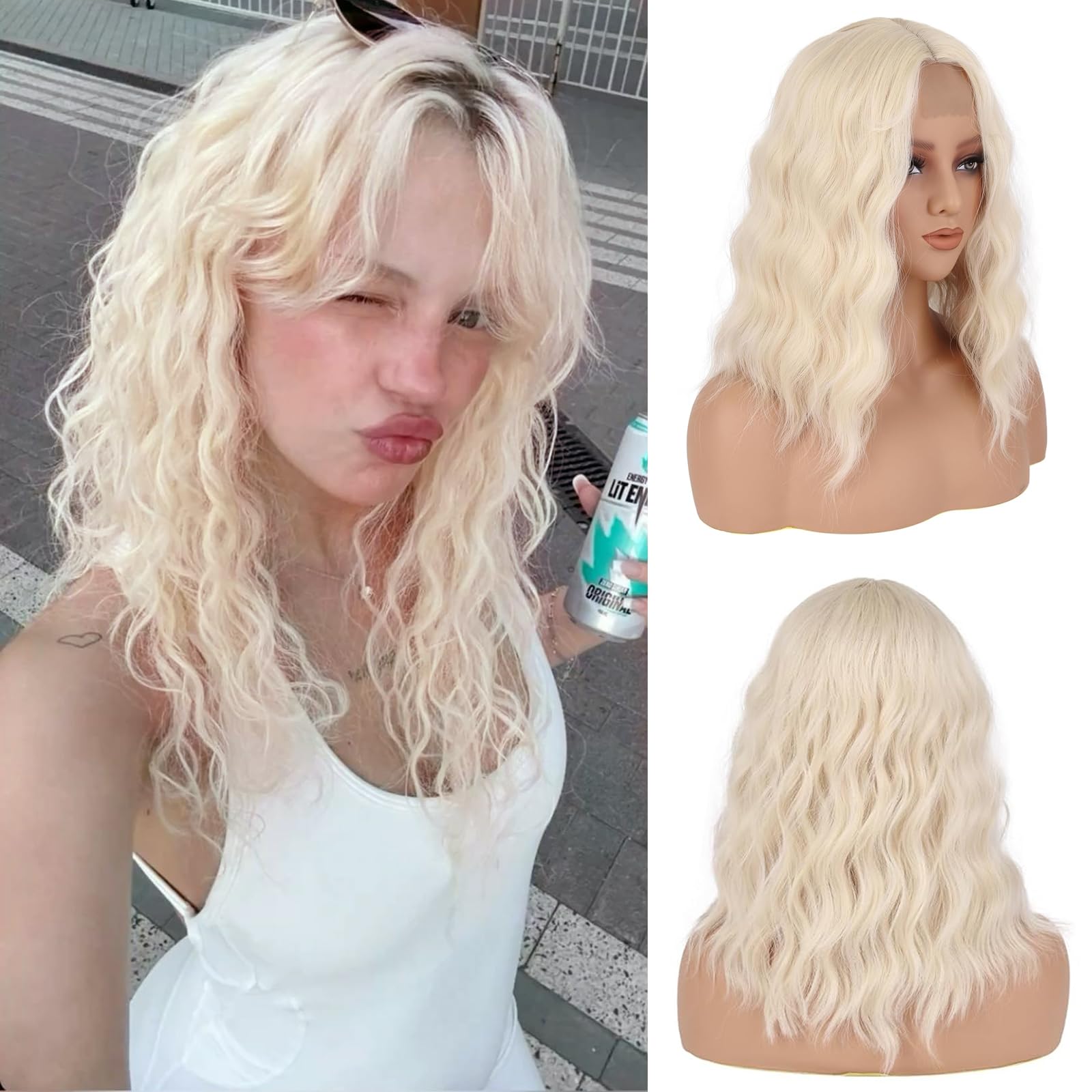 LEEONS Blonde Wigs for Women 16 Inch Medium Length Curly Wavy Wig Middle Part Wigs with Adjustable Bands Synthetic Wigs Natural Wavy Heat Resistant