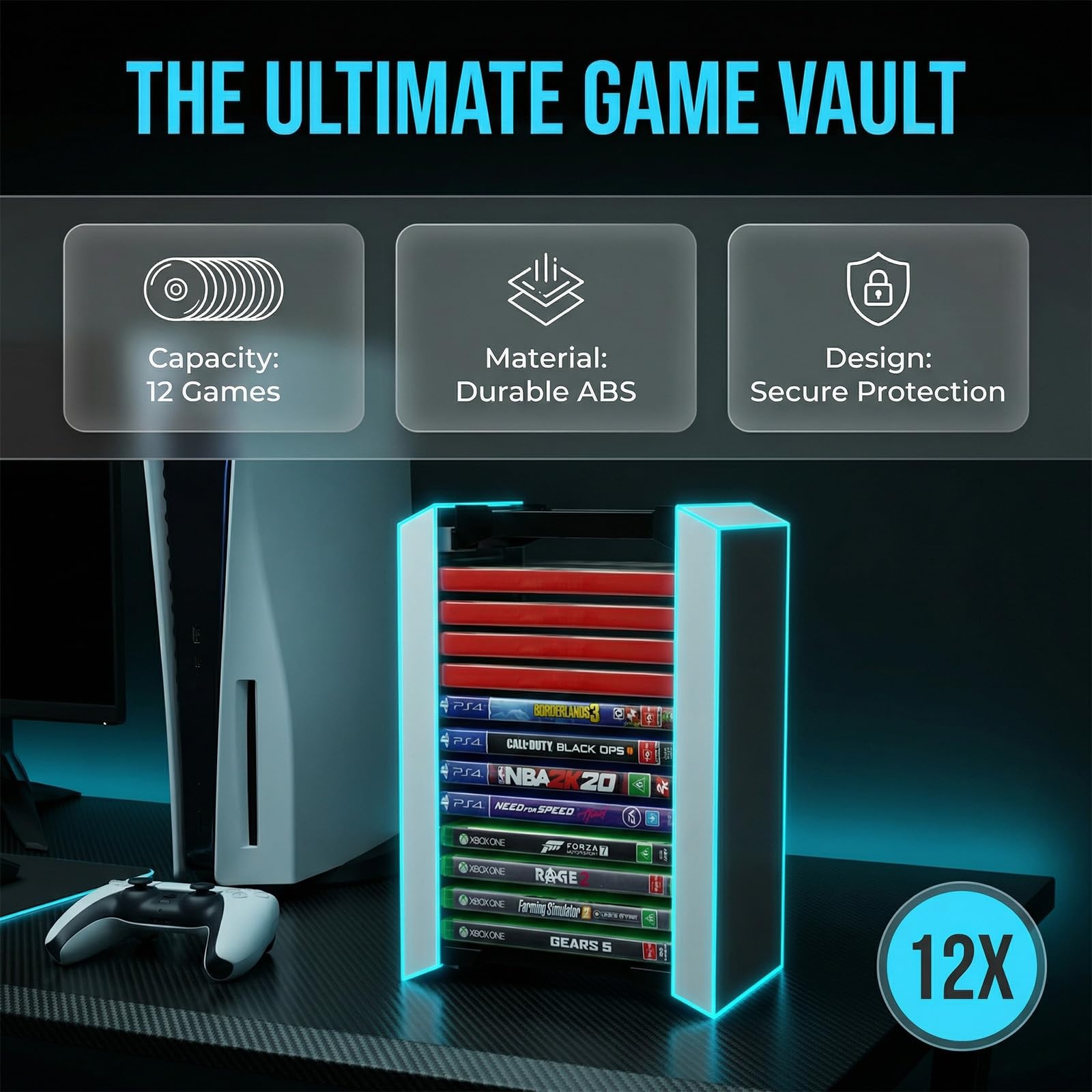 Gioco Torre di Stoccaggio Stand Scaffale per dischi da per PS5 Contiene 12 Dischi da Gioco