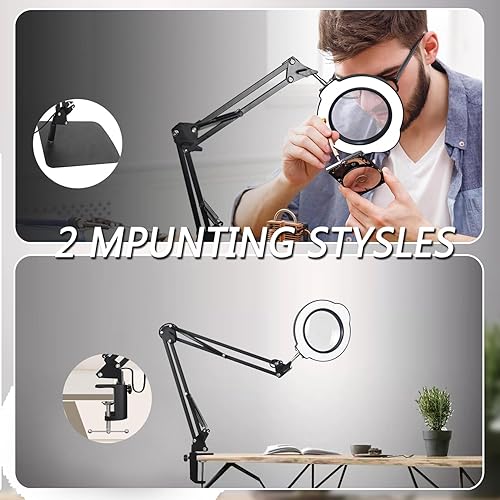 Miniatura 3 de Lupa 10X con luz, lámpara de escritorio LED 2 en 1 y abrazadera, 5 modos de color regulable continuo, lupa manos libres con luz y soporte para