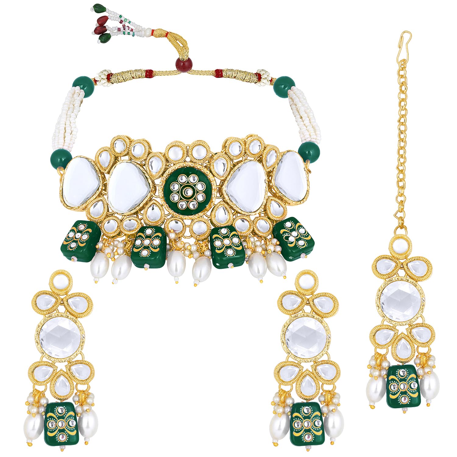 Peora Gold Plated Green Kundan Beads Studded Choker Necklace Dangle Earrings & Maangtikka Set Ethnic Fashion Jewellery Gift for Women Girls (B0C8V1LVC2) Amazon Price History, Amazon Price Tracker