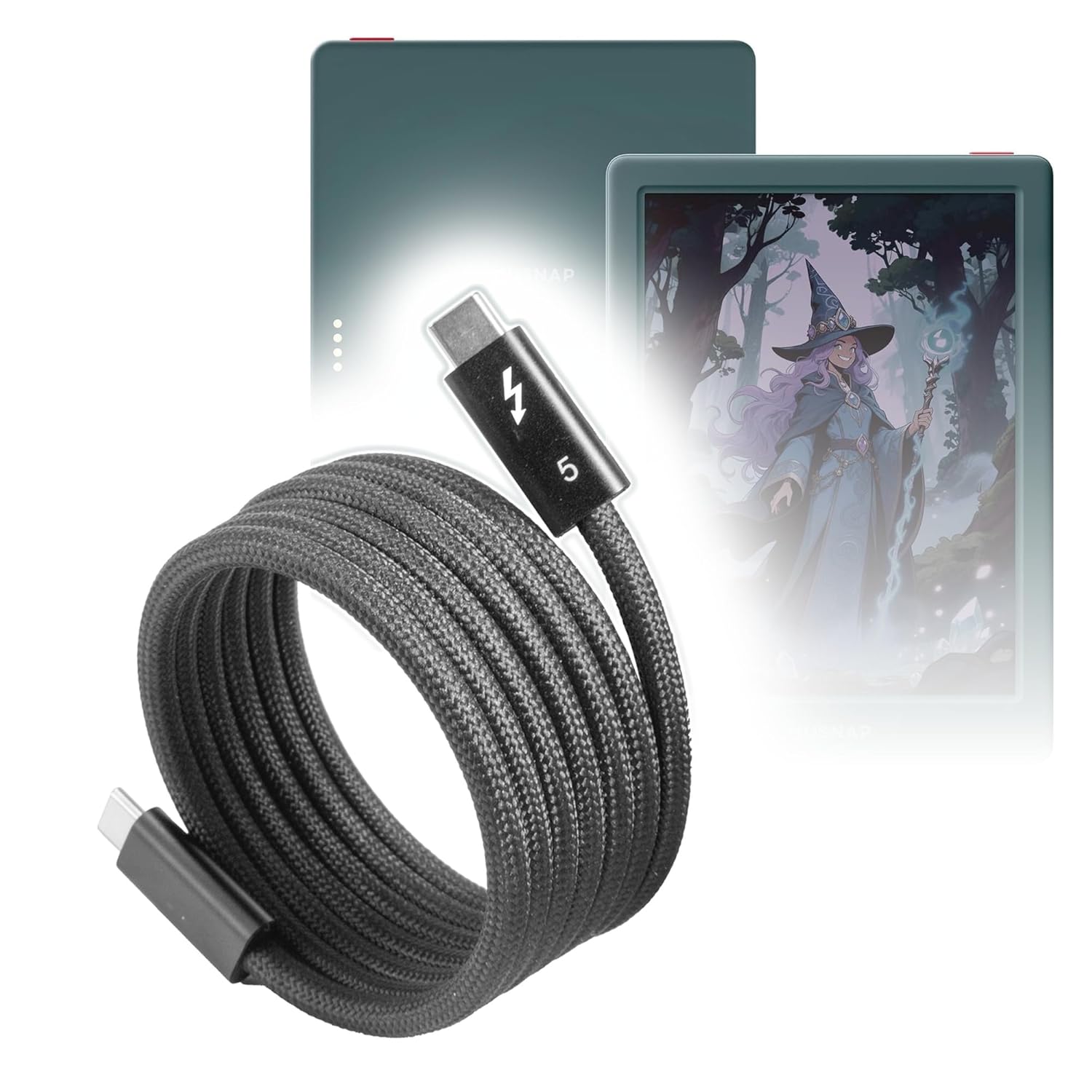 BoxWave Cable Compatible with Musnap Neo C (6 in) - SnapWrap Thunderbolt 5.0 Cable (5ft 240W), Magnetic Self-Coiling Nylon Braided Retractable - Jet Black