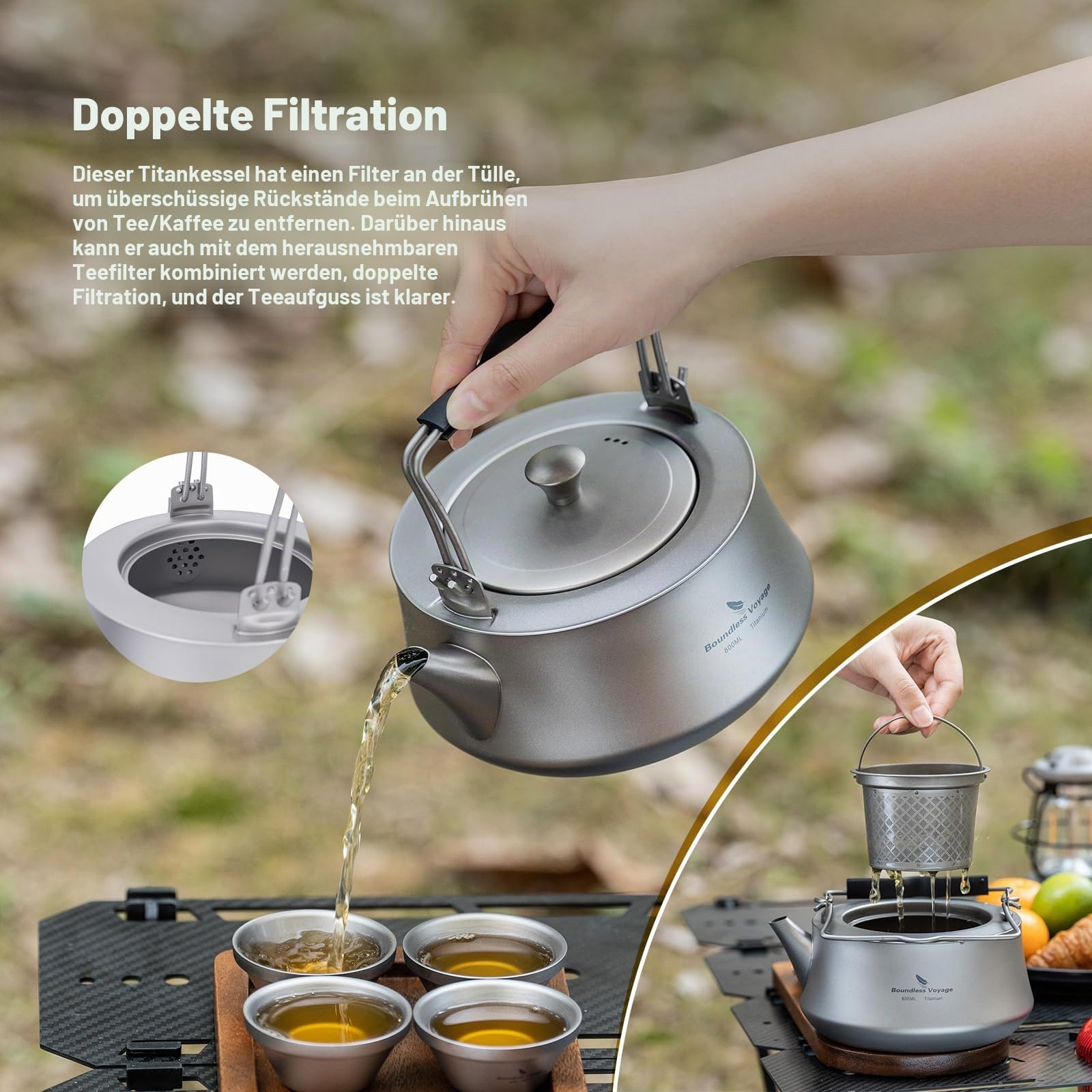 iBasingo 800ml Wasserkessel Camping Titan Teekessel mit Infusor für Losen Tee Kaffee Teekanne für Gaskocher mit Filter & Klappgriff Outdoor Ultraleicht Tragbare Metall Wasserkocher Ti3093D