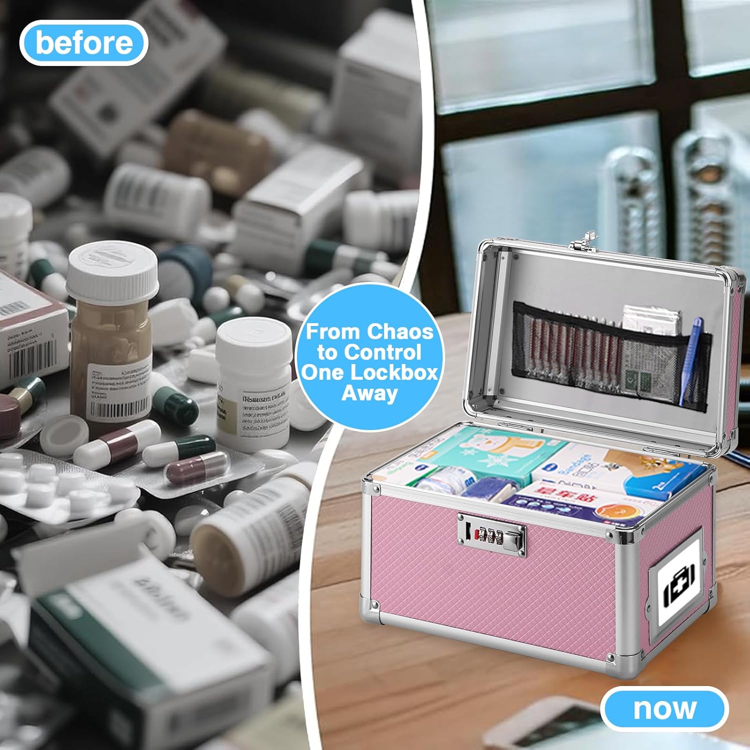 LOCKCURX 13.4 x 8 x 8.7 Inch Lockable Storage Box with Combination Lock, Portable Safe for Documents, Medicine, Cash & Valuables, Medicine Lock Box with Label Slot for Home, Office & Travel - Pink