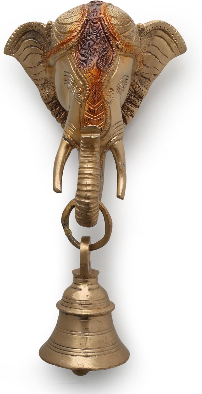 NAMS Brass Elephant Face Front Door Hanging Antique Collectible Decorative Entry Accent for Main Door, Home Entrance & Office Gate | Auspicious Vastu Bell for Good Vibes & Blessings (25 x 14 x 11 cm)