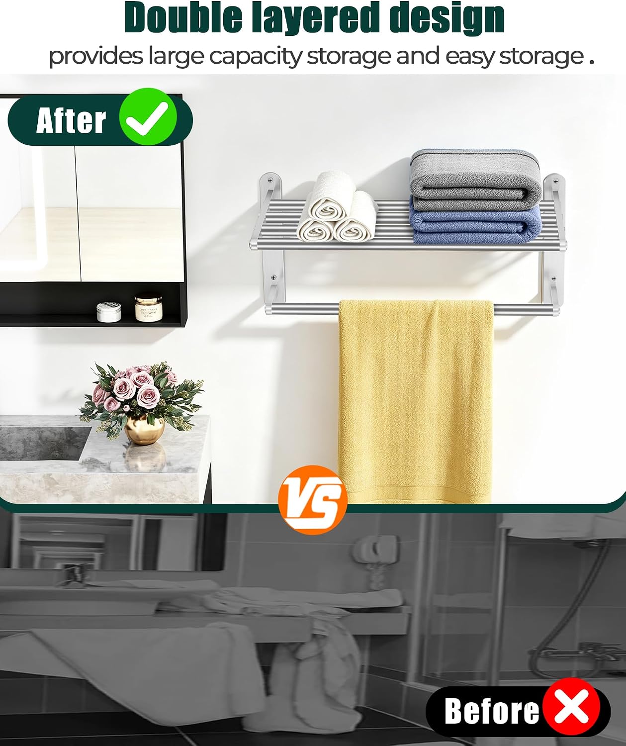 DOKU 16 in Towel Racks for Bathroom, Stainless Steel Bathroom Towel Rack Storage for Lavatory Wall Mounted, 2-Tier Towel Hanger Towel Holder, Bath Towel Shelf with Towel Bar, Brushed Nickel