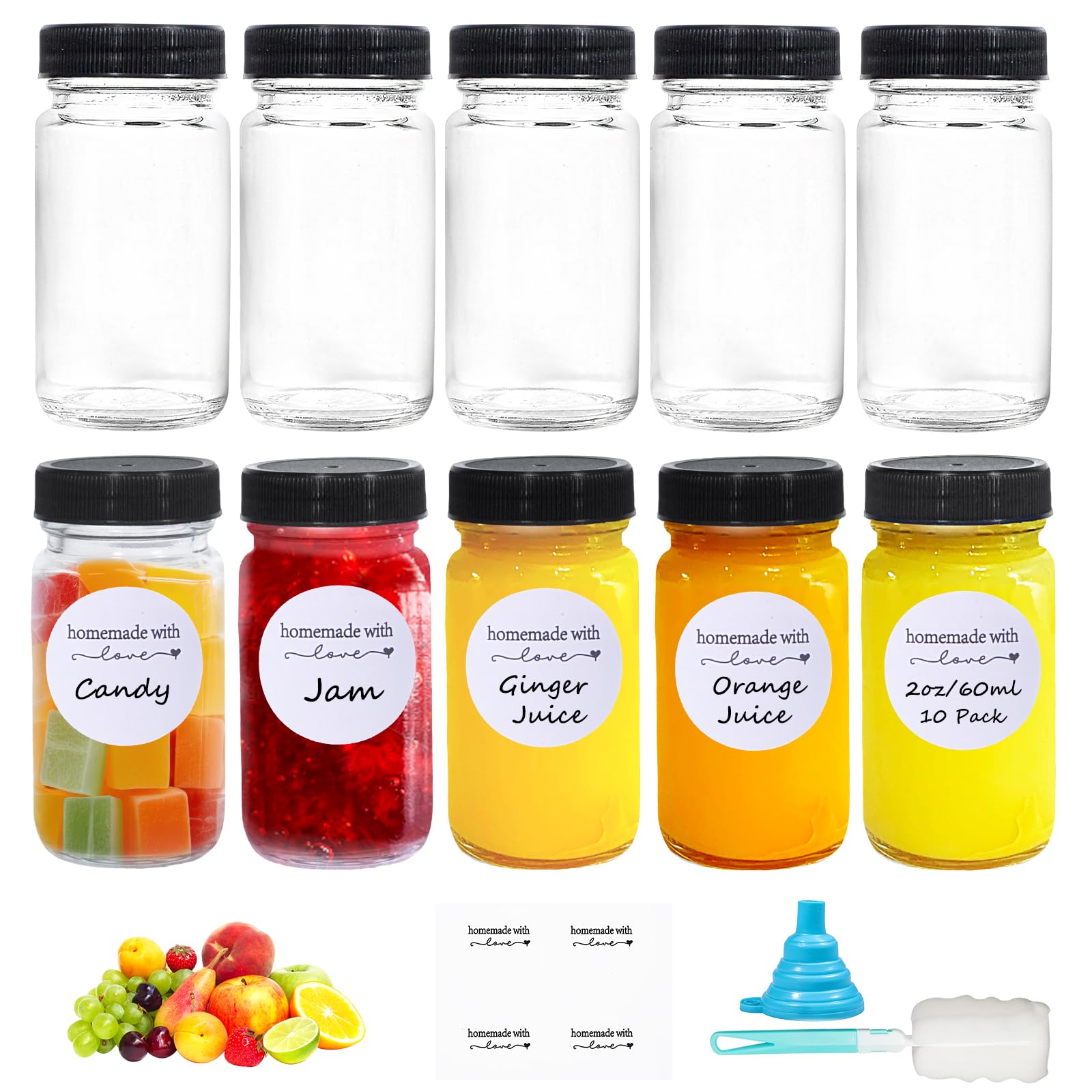 Amentalove 10 Pcs Glass Shot Bottles with Lids, 2oz /60 ml Glass Juice Bottles, Reusable Small glass bottle with Labels Funnel, Mini Bottle with Wide Mouth, Small Jars with Lids for Ginger Juice Milk