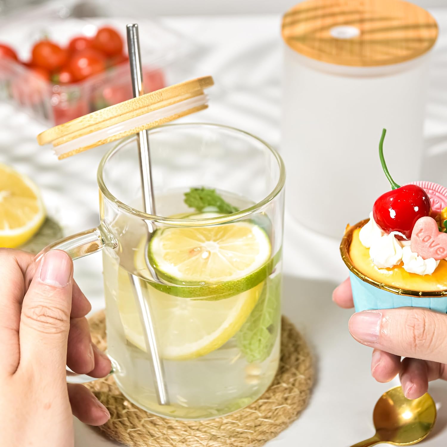 AGH 6 Pack Glass Sublimation Cups With Handle, 16oz Transparent Blanks With Bamboo Lid and Stainless Steel Straw, Mugs Tumblers