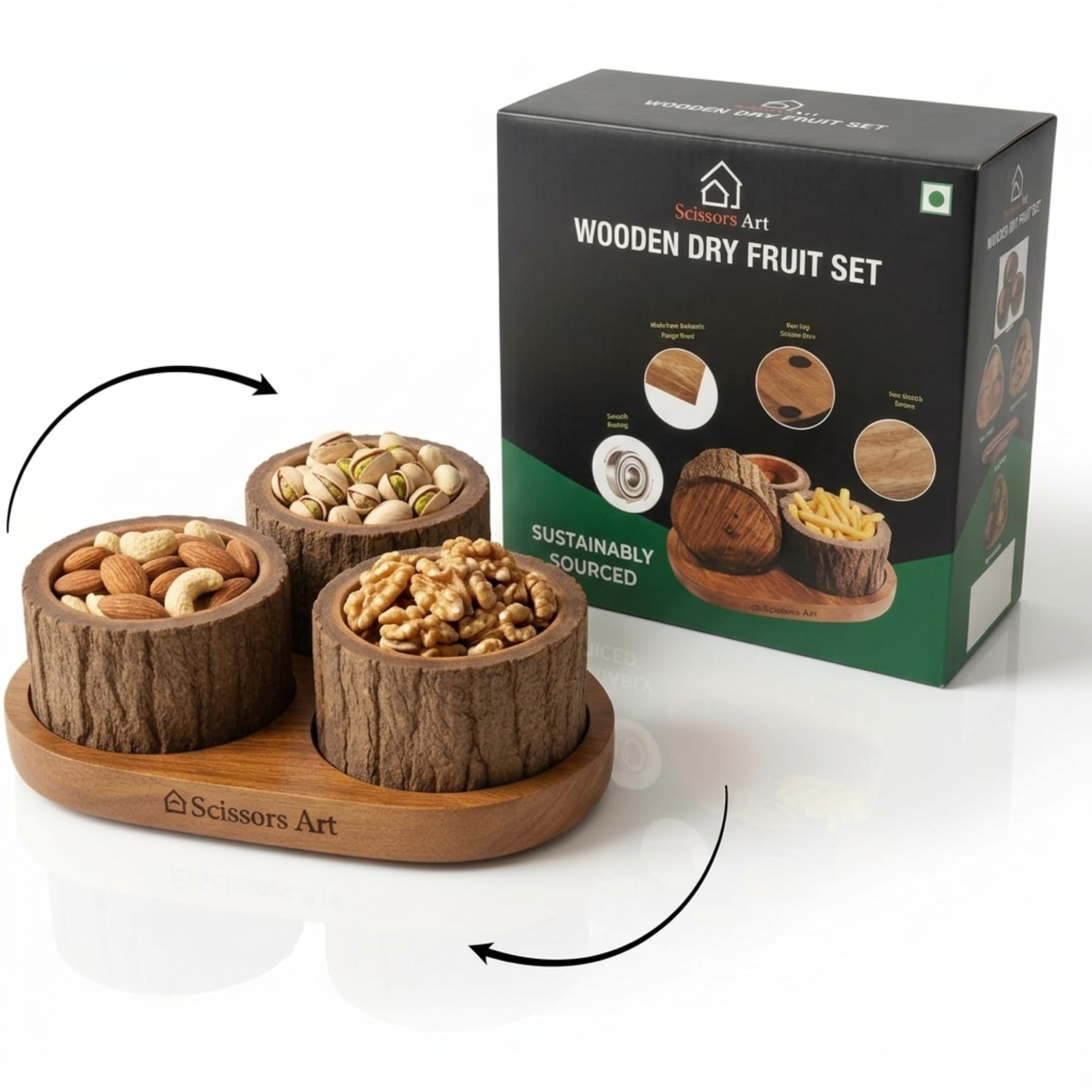 Juego de cuencos de madera rústica con bandeja giratoria, cuencos de madera de mango hechos a mano con corteza de árbol natural para ensaladas, frutas y decoración de cocina (juego de 3)