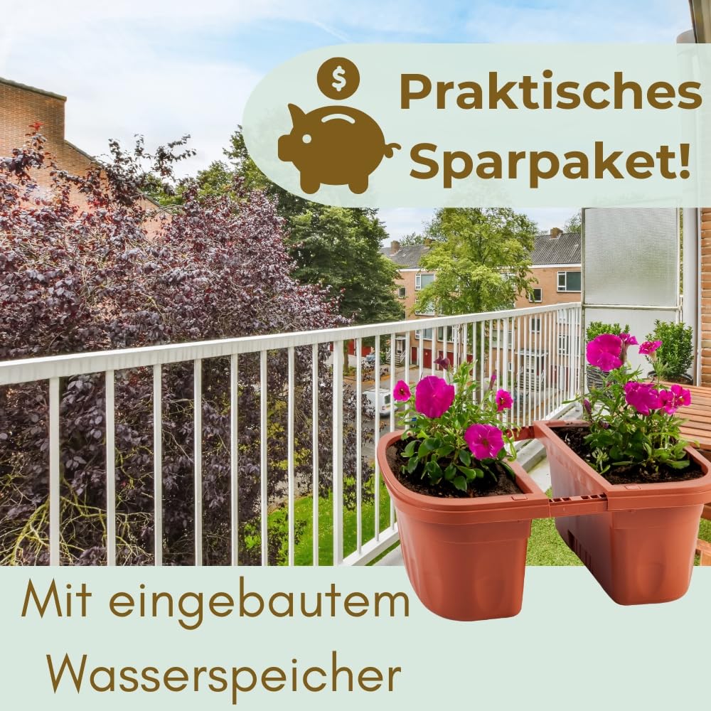GarPet 4er Set Blumenkasten Balkongeländer Beidseitig Balkon Blumenkasten Doppelseitig Balkonkasten mit Halterung Geländerkasten mit Wasserspeicher Teracotta 50 cm