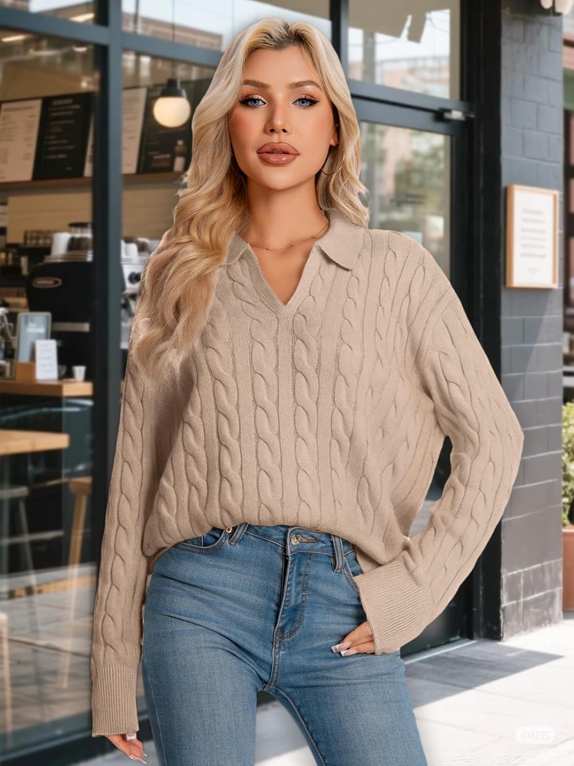 Amzdora Womens Oversized Cable Knit Sweater Fall Fashion 2026 Lapel V Neck Chunky Pullover Tops Causal Winter Outfits - Image 6