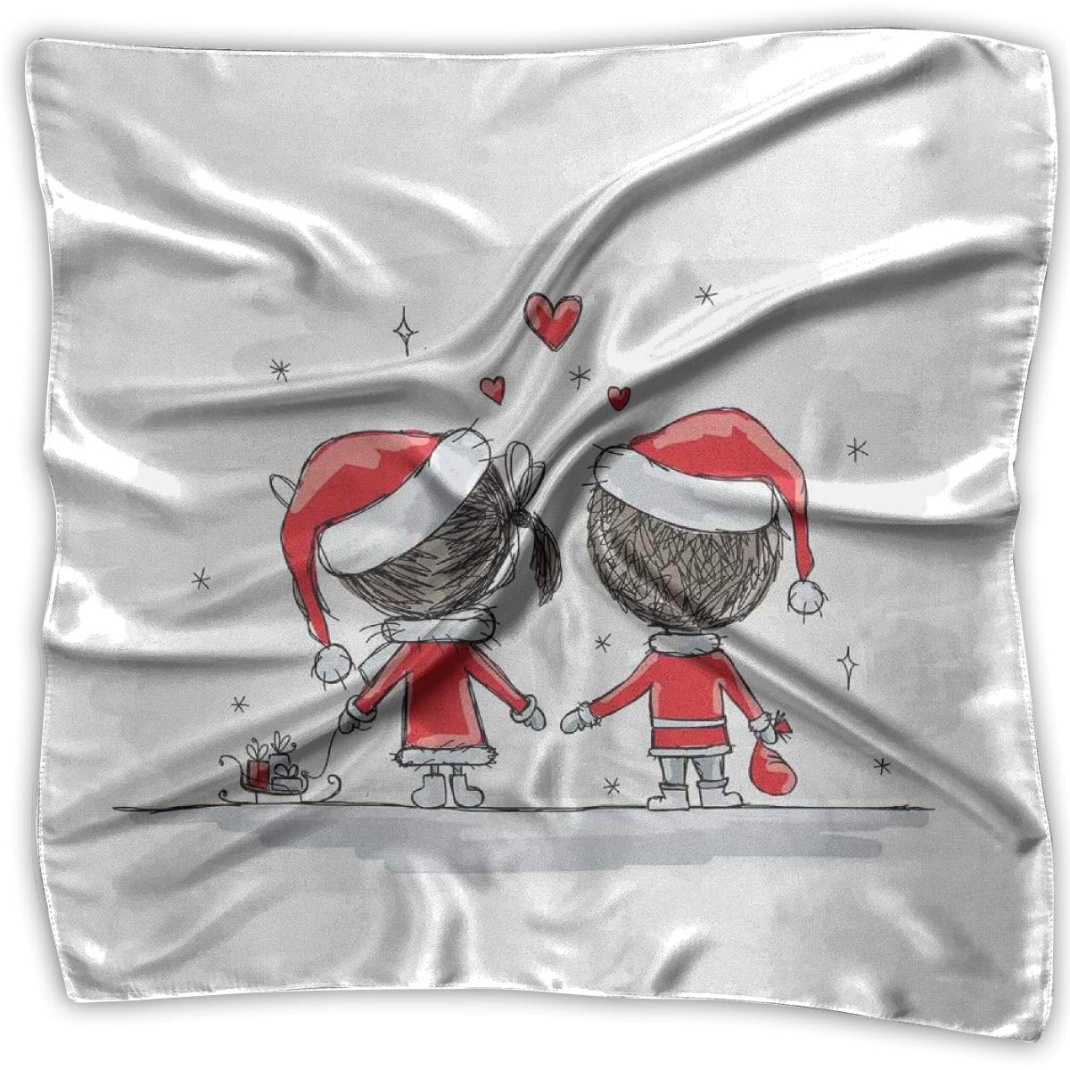 Mixed Designs Silk Square Scarves Bandana Scarf, Soul Mates Love With Santa Costume Family Romance In Winter Night Picture Print,Womens Neck Head Set