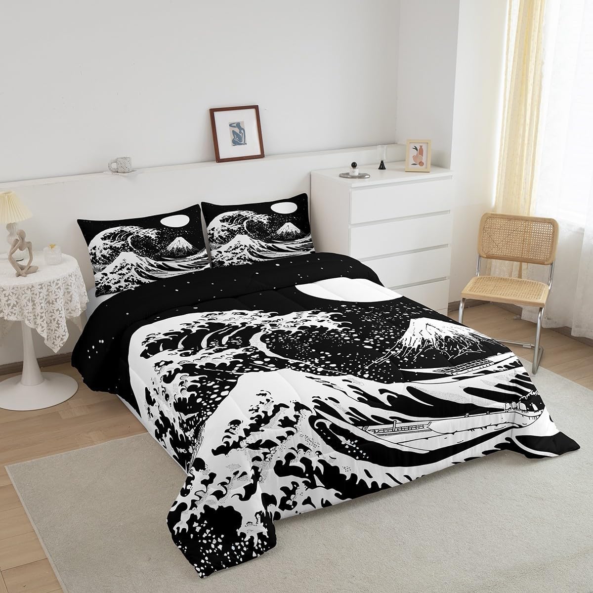 Erosebridal Moon Bedding Set Twin,Ocean Waves Comforter Set Mountain Fuji Down Comforter Japanese Style Quilt Duvet Marine Coastal Nautical Theme Duvet Insert White Black 3D Printed Decor for Bedroom