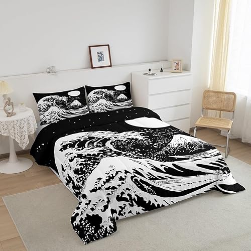 Miniatura 2 de Erosebridal Juego de ropa de cama tamaño King, diseño de olas del océano, edredón de plumón de Fuji de montaña, edredón de estilo japonés, edredón