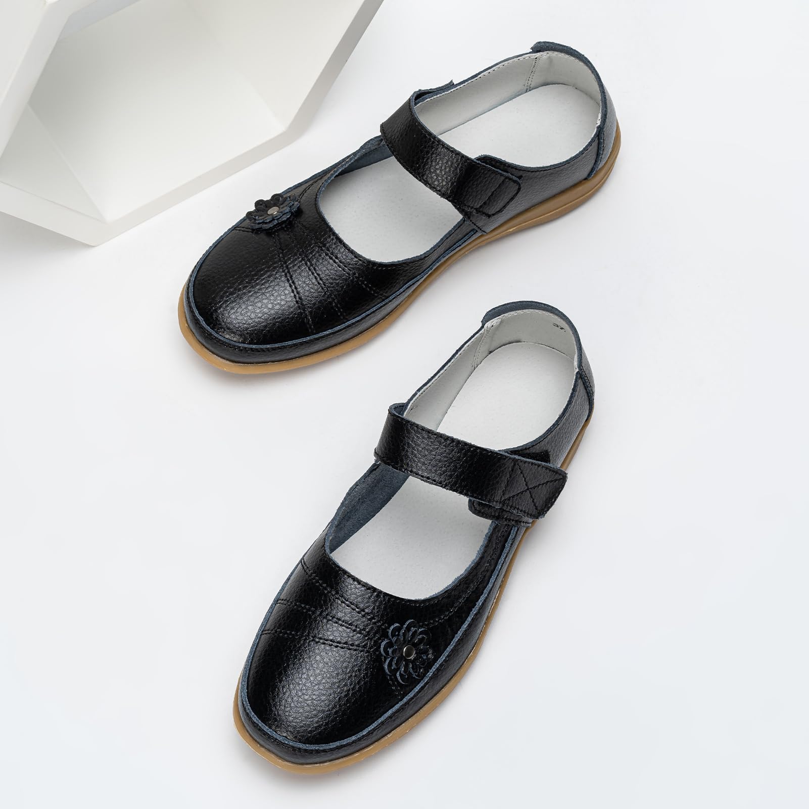 Chaussures Mary Jane en cuir pour femme - Noir - Coupe large - Chaussures plates - Style décontracté - Pour le travail, le bureau, les infirmières
