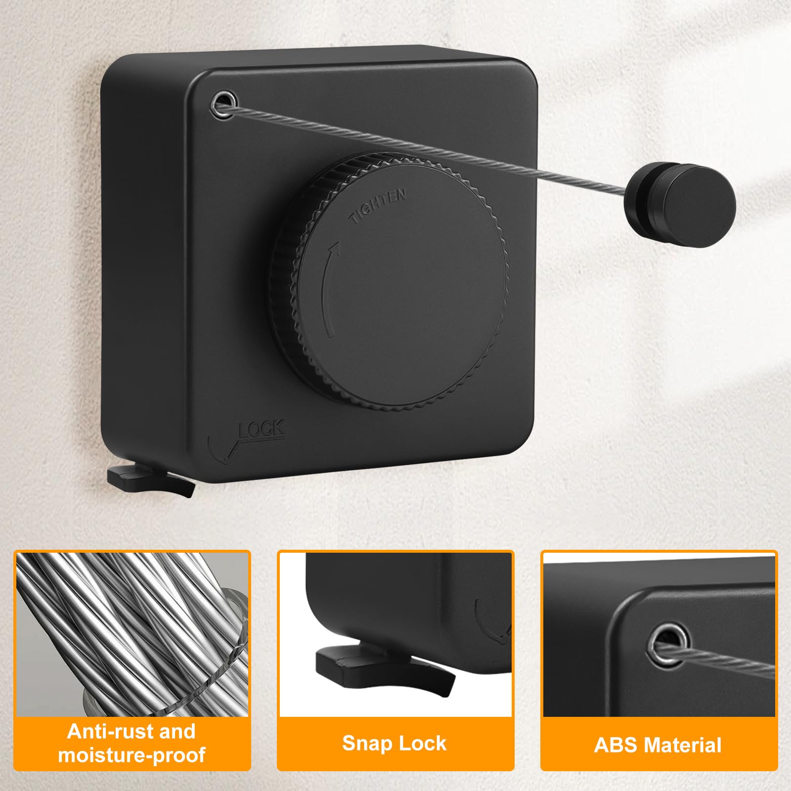 Corde à Linge Rétractable pour Intérieur et Extérieur 4.8m Acier Inoxydable | Aucun Perçage Requis, Extensible Ligne à Laver Murale sans Affaissement, Fil à Linge pour Appartement, Hôtel, Buanderie, Noir
