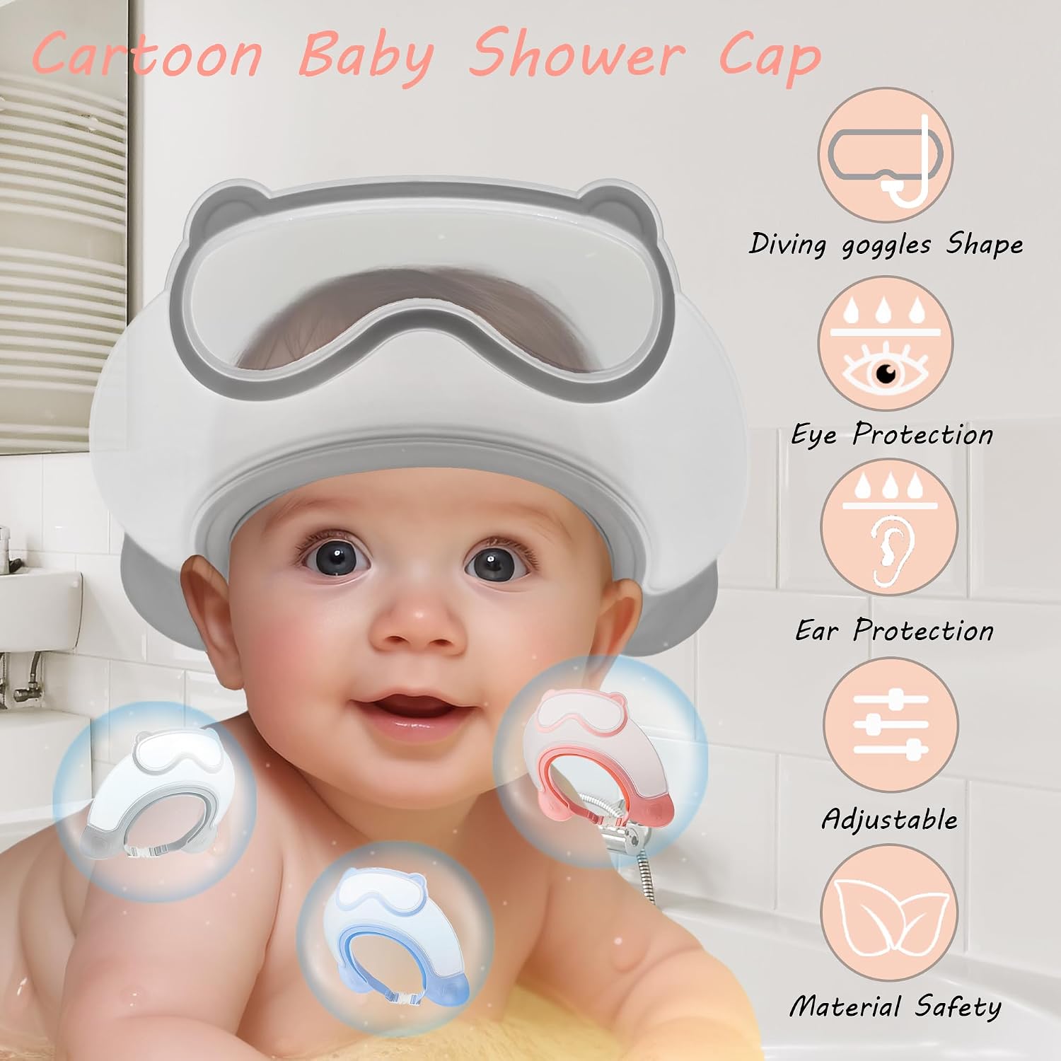 Baby Shower Cap Shield, Shower Cap for Kids, Visor Hat for Eye and Ear Protection for 0-9 Years Old Children, Cute diving goggle Shape Makes The Baby Bath More Fun (Grey)