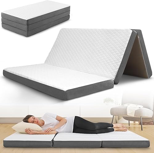 Colchón triple plegable con capa de espuma viscoelástica, colchón plegable triple de 4 pulgadas con funda lavable, tamaño matrimonial de 75 x 54 x 4