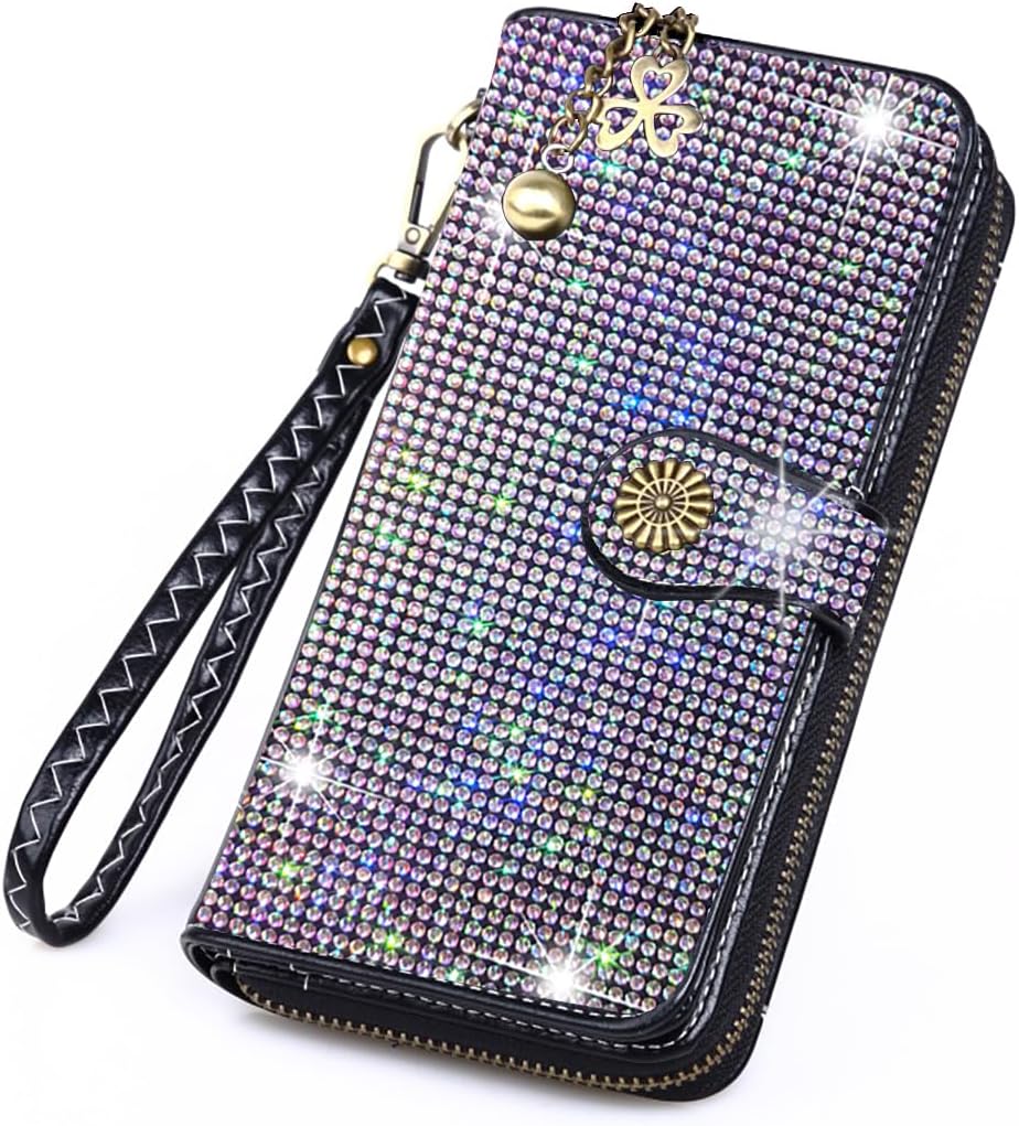 Bling Rhinestone Womens Wallet Wristlet Clutch Handbags Sunflower Lucky Purse Credit Card Holder Large Capacity