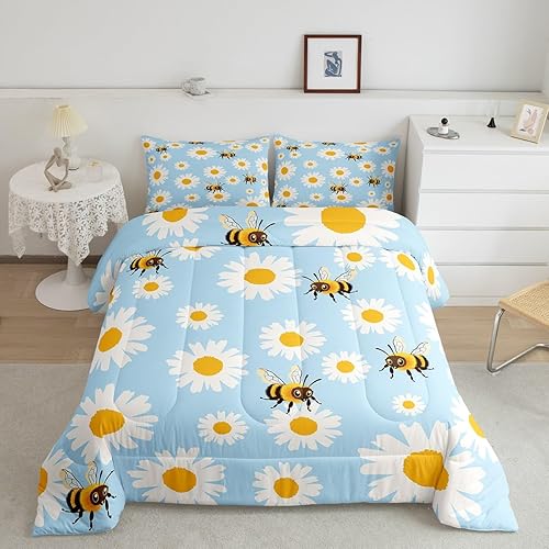Erosebridal Juego de edredón de abeja de dibujos animados, tamaño Queen, juego de ropa de cama floral de margarita blanca lisa para niños y niños,