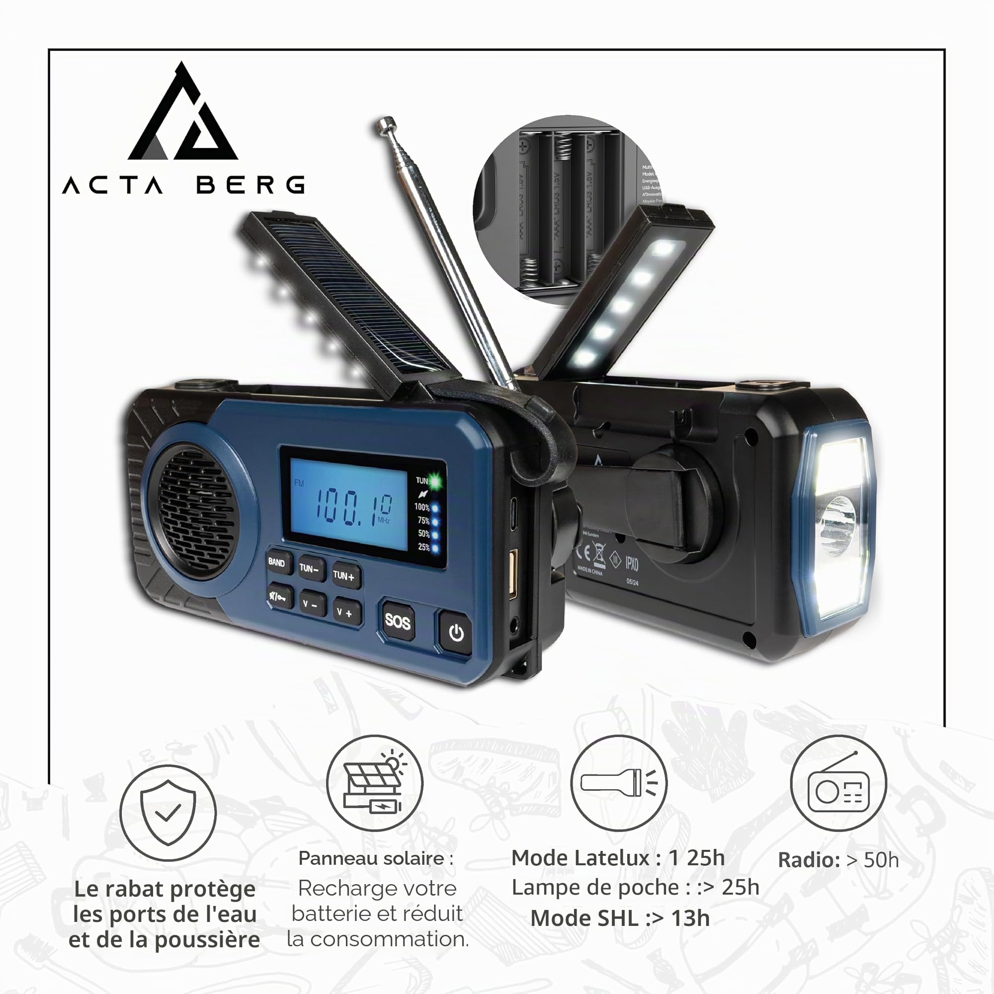 Acta Berg Radio à manivelle | Radio d'urgence avec manivelle et batterie 5000 mAh | Radio solaire avec récepteur mondial | Équipement d'urgence pour panne noire avec manivelle | Fonctionne comme lampe