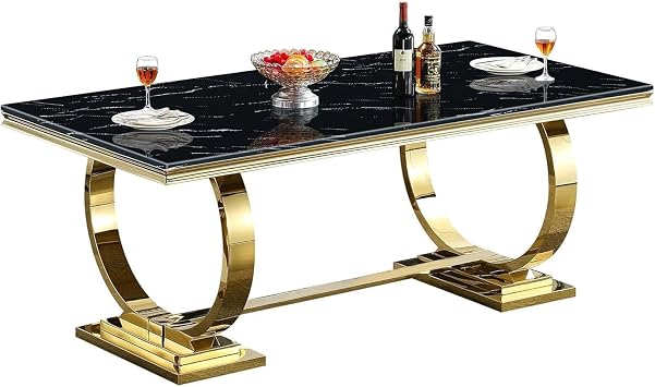 68 Inch Black Marble Dining Table for 6 People, Modern Dining Room Tables with Faux Marble Top and O-Shaped Gold Stainless Steel Legs, 68" Rectangular Kitchen Table Dinner Breakfast Dinette